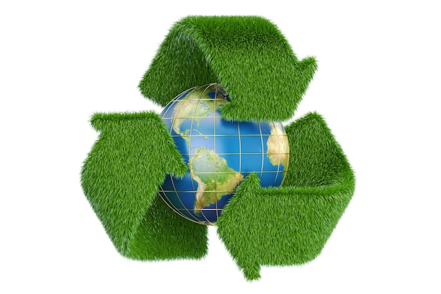 Símbolo de reciclaje de hierba con representación 3D del globo terráqueo