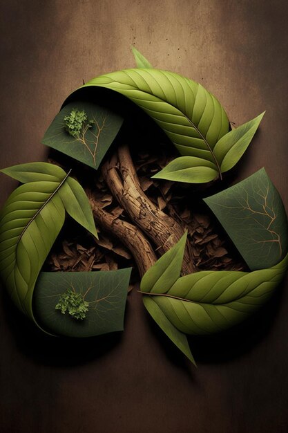 Símbolo de reciclaje con hojas y raíces sobre fondo marrón creado con tecnología de ai generativa