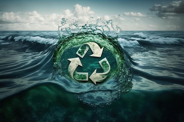 Símbolo de reciclaje en el océano IA generativa Concepto de energía verde no más basura y plástico en el mar Salvar el océano de la basura Proteger los océanos y los mares Energía ecológica