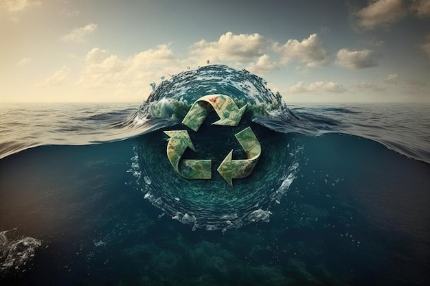 Símbolo de reciclaje en el océano IA generativa Concepto de energía verde no más basura y plástico en el mar Salvar el océano de la basura Proteger los océanos y los mares Energía ecológica