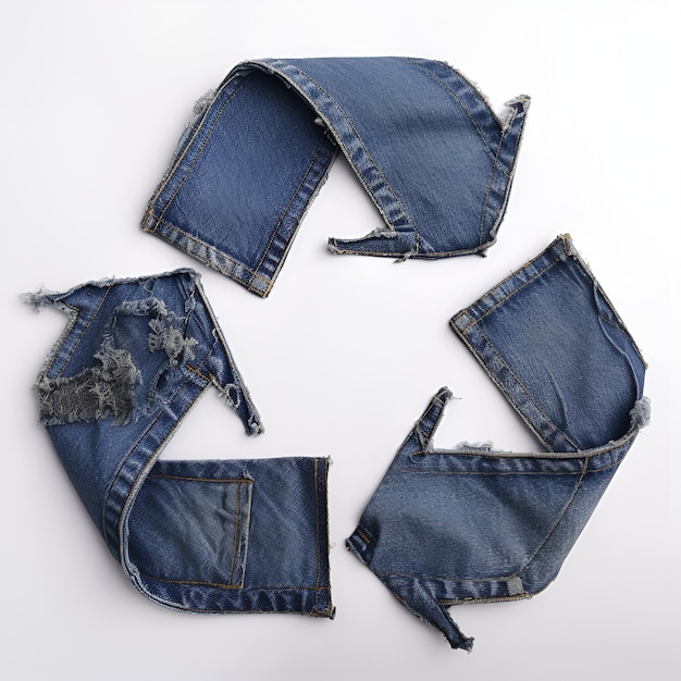Símbolo de reciclaje de residuos de material textil blue jeans sobre fondo blanco.