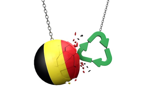 Símbolo de reciclaje verde chocando contra una bola de bandera de Bélgica 3D Rendering