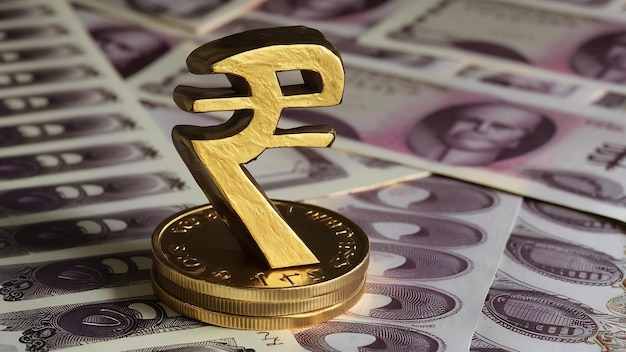 Símbolo de la rupia en moneda de oro y billetes aislados sobre fondo blanco