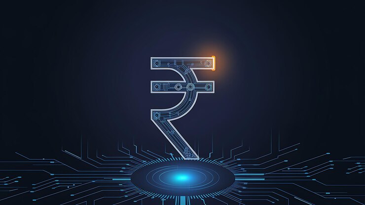 Símbolo de rupia de neón con circuito digital de fondo Moneda india y concepto de crecimiento de Fintech
