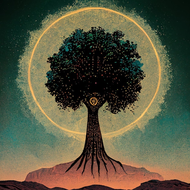 Símbolo sagrado da árvore da vida, prosperidade da individualidade e ilustração 3D do conceito de crescimento