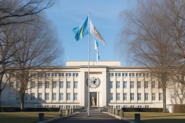 Foto símbolo de la salud mundial, la bandera de la oms ondea con orgullo en la sede de la organización mundial de la salud en ginebra