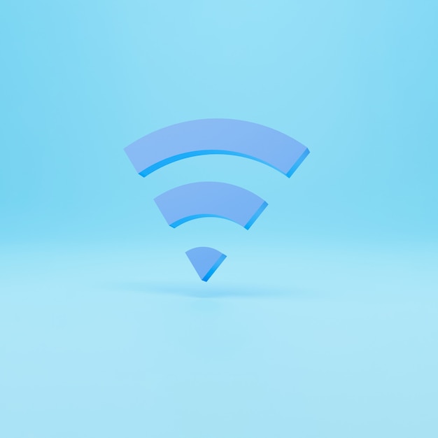 Símbolo sem fio wi-fi 3D. Ícone de wi-fi abstrato sobre fundo azul. Renderização 3D.