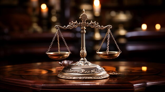 Símbolo del sistema legal de la estatua antigua de justicia en escala de latón