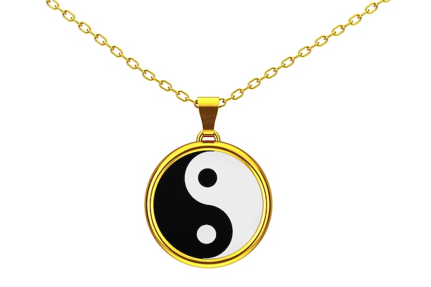 Símbolo de Yin Yang de armonía y equilibrio Coulomb dorado sobre un fondo blanco. Representación 3D.