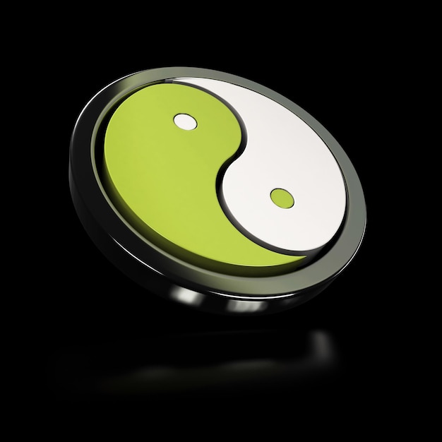 Foto símbolo yin yang verde e branco sobre fundo preto com reflexo