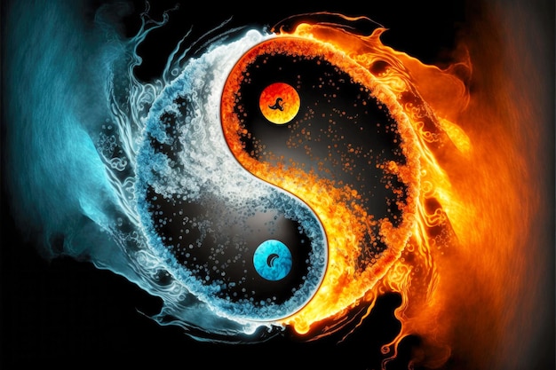 Símbolo de yinyang donde yin es elemento de agua yang es elemento de fuego