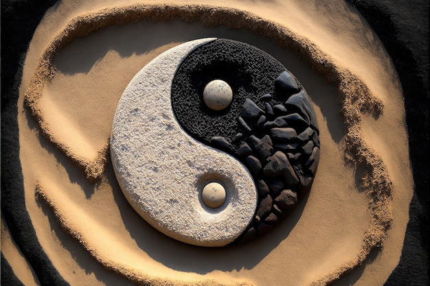 El símbolo de Yinyang se encuentra en la arena con dos puntos blancos