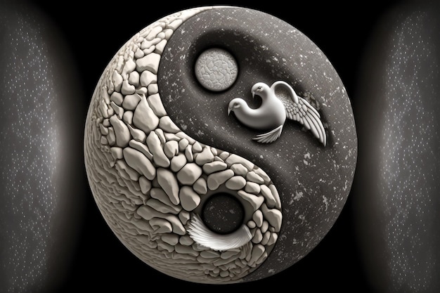 Foto símbolo yinyang hecho de piedra sobre fondo negro