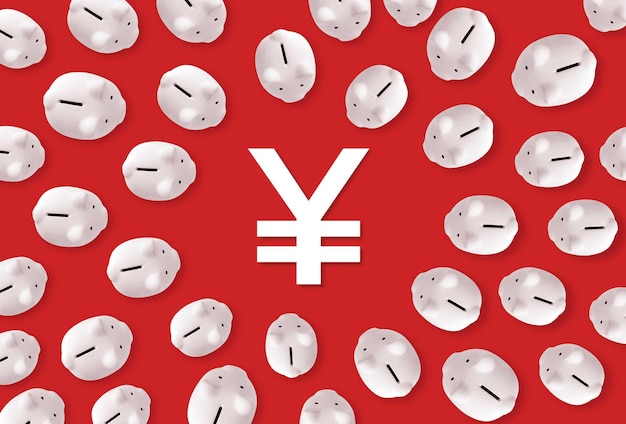 Foto símbolo de yuan con alcancías contra un fondo rojo