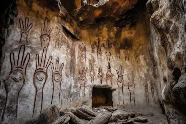 Símbolos antigos e impressões de mãos em paredes de cavernas criadas com ai generativa