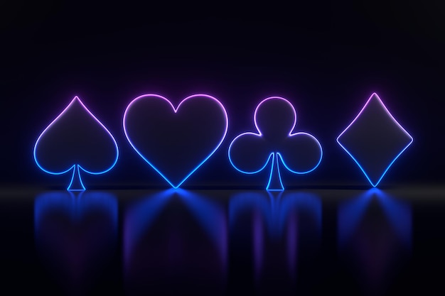 Símbolos de cartas de ases com luzes neon azuis e rosa futuristas em uma renderização 3D de fundo preto