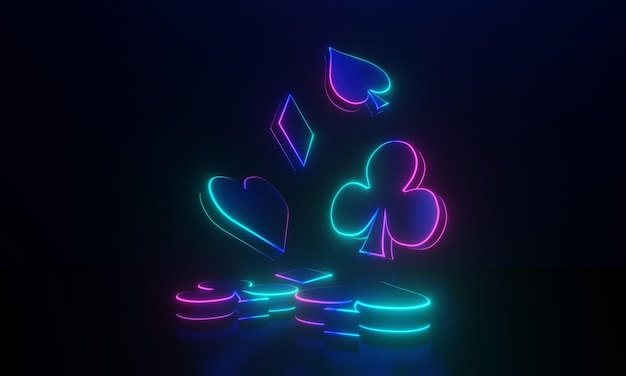 Símbolos de cartas de jogo com brilho de néon em fundo preto Ilustração de renderização 3D