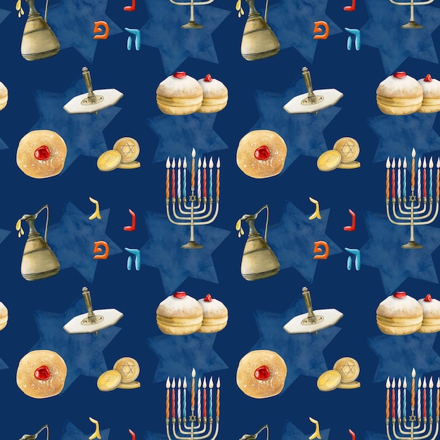 Símbolos de Hanukkah aquarela mão desenhada sem costura padrão em fundo azul escuro com rosquinhas de feriado dreidel menorá estrela de david letras hebraicas