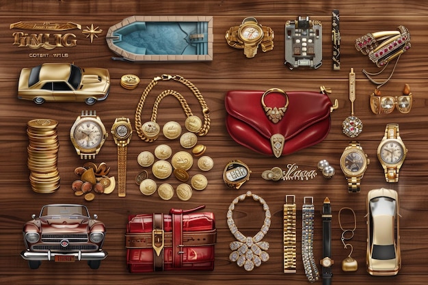 Foto símbolos de riqueza cena com diamantes de ouro e itens de luxo em um fundo de madeira sofisticado