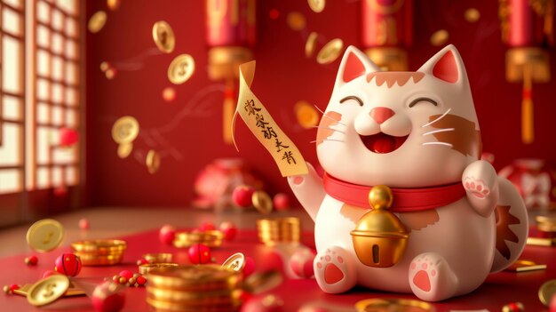 Foto símbolos de riqueza e maneki neko segurando um pergaminho retratando o deus da riqueza para cny ilustração de símbolos de riqueza e meneki neko segura símbolos de riqueza um pergaminhos com o nome do deus da riqeza