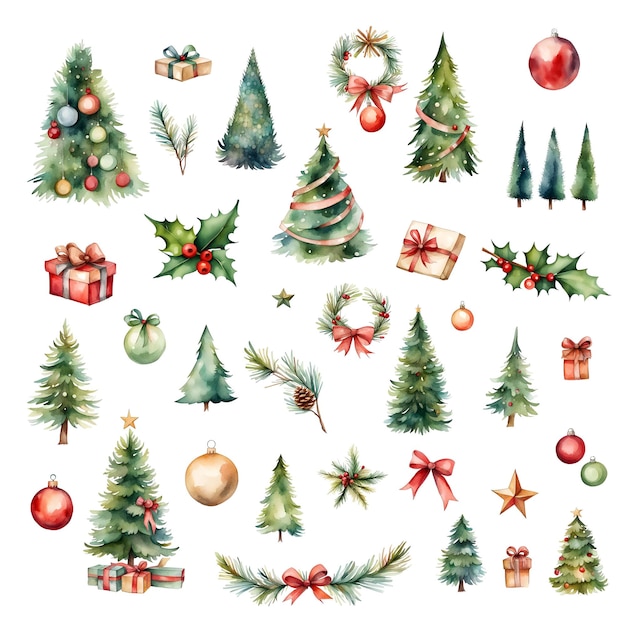 Símbolos e decorações de Natal aquarela clipart conjunto isolado