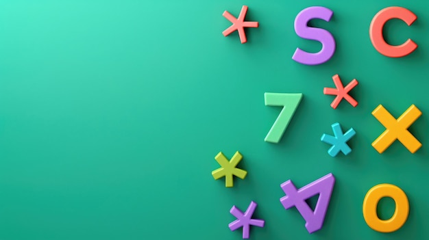 Símbolos e números matemáticos coloridos em fundo verde brilhante