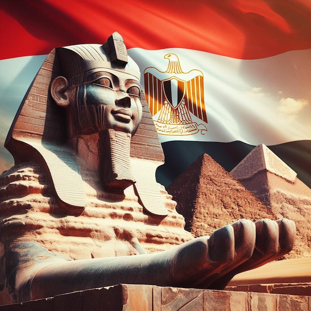 Símbolos de grandeza que revelan el poder y el orgullo de Egipto Pirámides Estatua y bandera