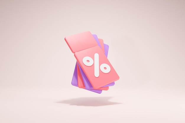 Símbolos de icono de promoción de venta de cupón de representación 3D Vista en perspectiva de fondo de color rosa