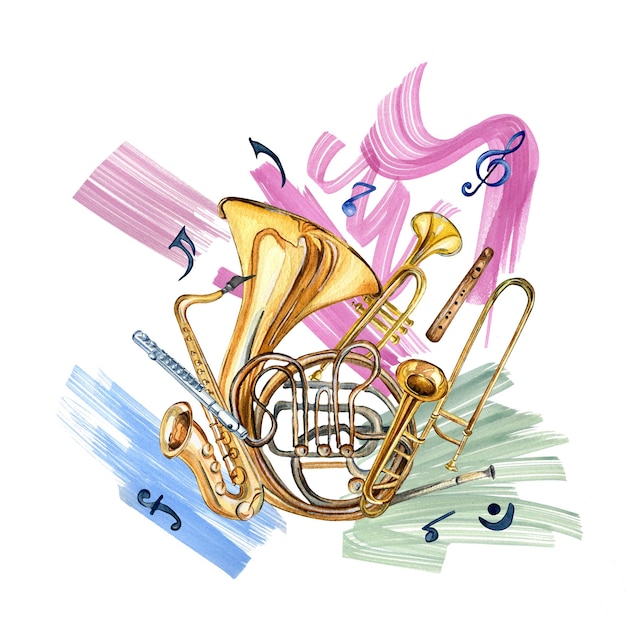 Símbolos de instrumentos musicales de viento e ilustración de acuarela de trazo de pintura aislado