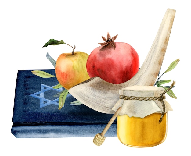 Símbolos judaicos de Rosh Hashaná com ilustração em aquarela de fruta de romã de frasco de mel de Torá