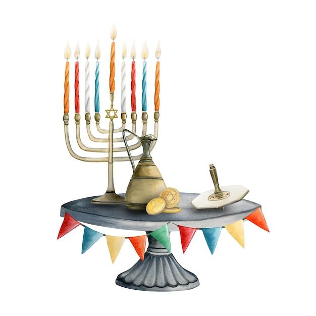 Símbolos judaicos tradicionais de Hanukkah e atributos do feriado menorah dreidel moedas jarro de azeite com bandeiras festivas Ilustração desenhada à mão
