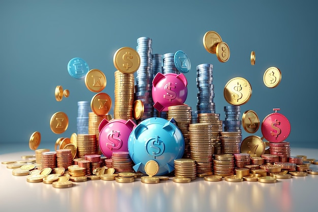 Símbolos de ubicación de representación 3D y pila de monedas de dinero en muchos conceptos de color de dinero y moneda