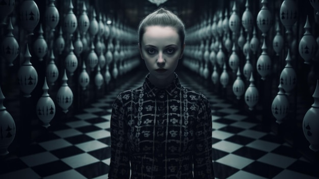 Foto simetria gótica escura alienada descanso em um corredor de bola a xadrez