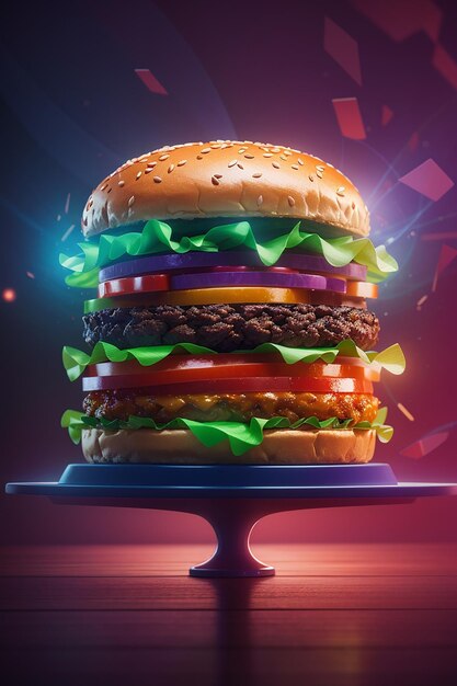 La simetría de la hamburguesa deleita los colores vívidos y los detalles intrincados