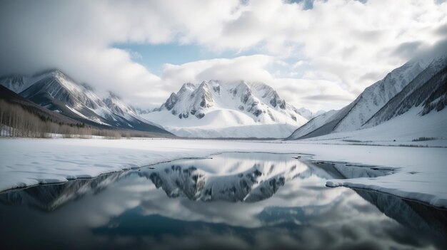 Simetria serena Pico coberto de neve refletindo em um lago de montanha