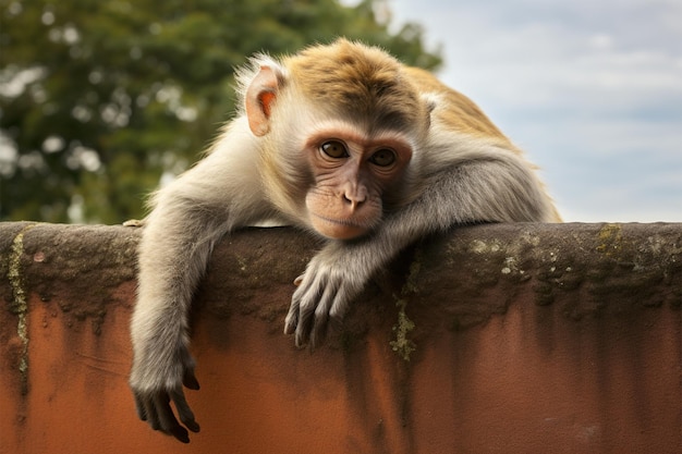 Simian Perch Monkey ruht bequem auf einer Wandoberfläche