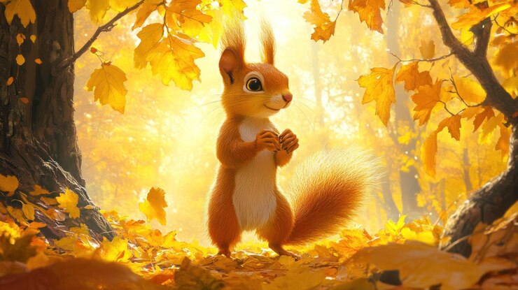 Una simpática ardilla en el bosque de otoño bañada en la luz del sol