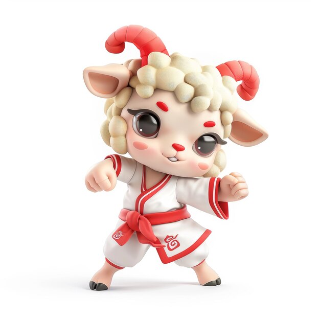 Una simpática oveja de dibujos animados con un uniforme blanco de karate con un cinturón rojo y cuernos rojos de pie