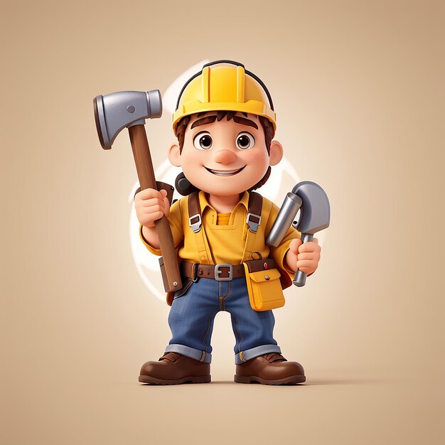 Un simpático artesano con un martillo, un icono vectorial de dibujos animados, una ilustración de personas, un concepto de icono de construcción, un vector premium aislado.