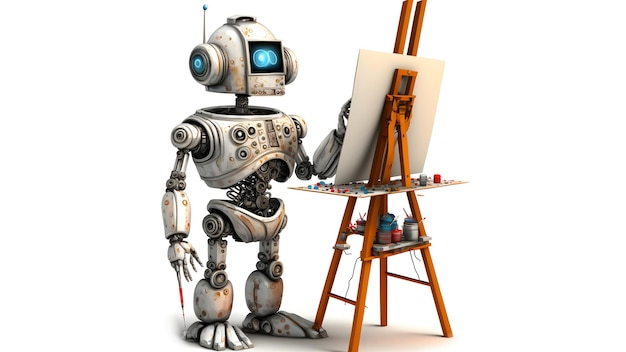 Simpático artista robot en el estudio junto a su pintura de caballete y pinturas mientras trabaja en blanco