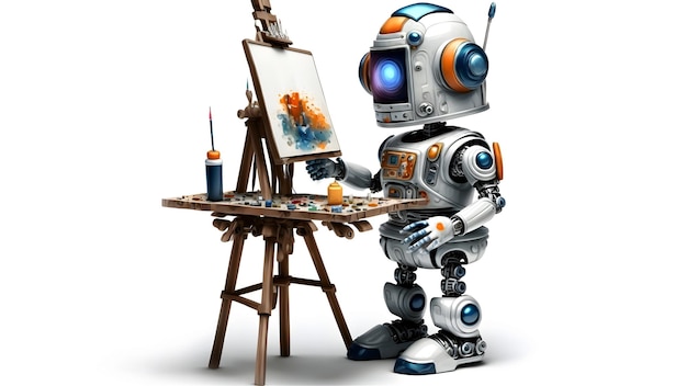 Simpático artista robot en el estudio junto a su pintura de caballete y pinturas mientras trabajaba en el arte generado por la red neuronal de fondo blanco