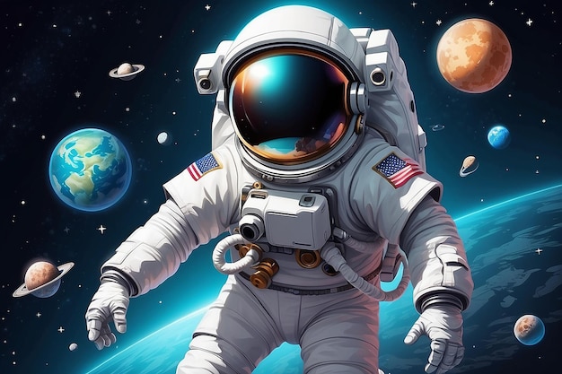 Un simpático astronauta flotando en el espacio Ilustración vectorial de dibujos animados