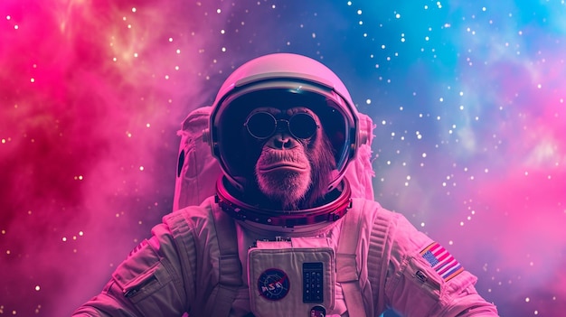 El simpático chimpancé espacial vestido con un traje de astronauta con el fondo de Magical Galaxy Star Ai Generative