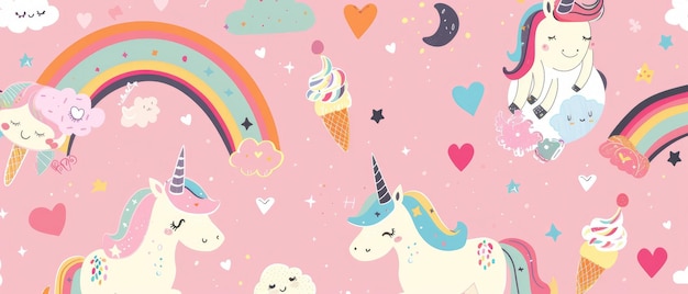 Foto simpático dibujos animados de unicornio con colores pastel suaves corazones arco iris nubes y helado en el cielo azul estrella