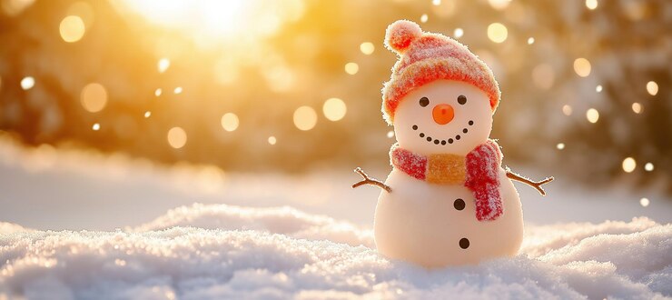 Un simpático y gracioso muñeco de nieve con un sombrero de lana y una bufanda se está riendo IA generativa