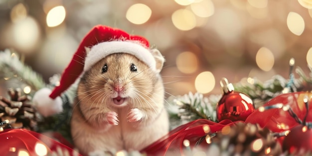 Un simpático hámster con un sombrero de Papá Noel está sentado en una pila de adornos de Navidad