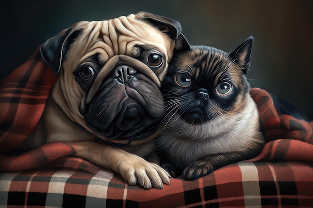 Un simpático pug y un encantador gatito acurrucados juntos en una manta a cuadros