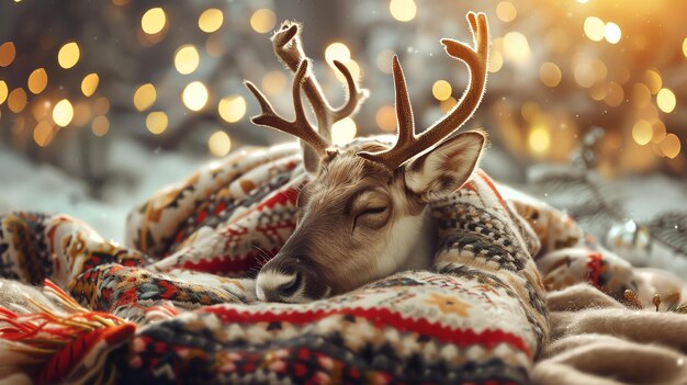 Foto un simpático reno durmiendo en una manta con un hermoso fondo bokeh el reno está durmiendo pacíficamente con la cabeza apoyada en la manta