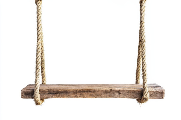Foto un simple asiento oscilante de madera rústica suspendido por dos cuerdas gruesas aisladas sobre un fondo blanco