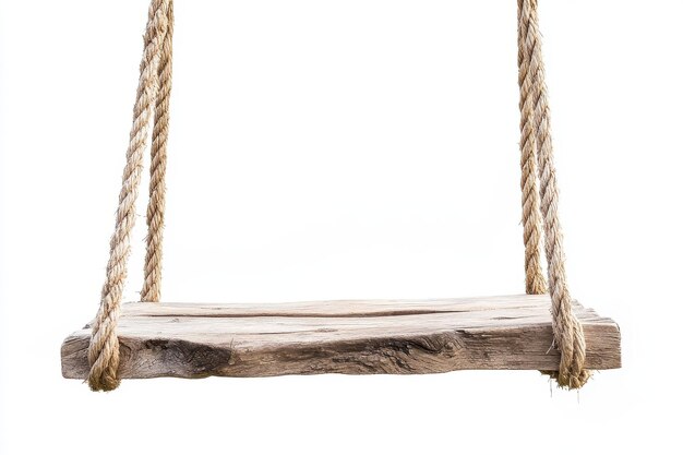 Un simple asiento oscilante de madera rústico suspendido por dos cuerdas gruesas